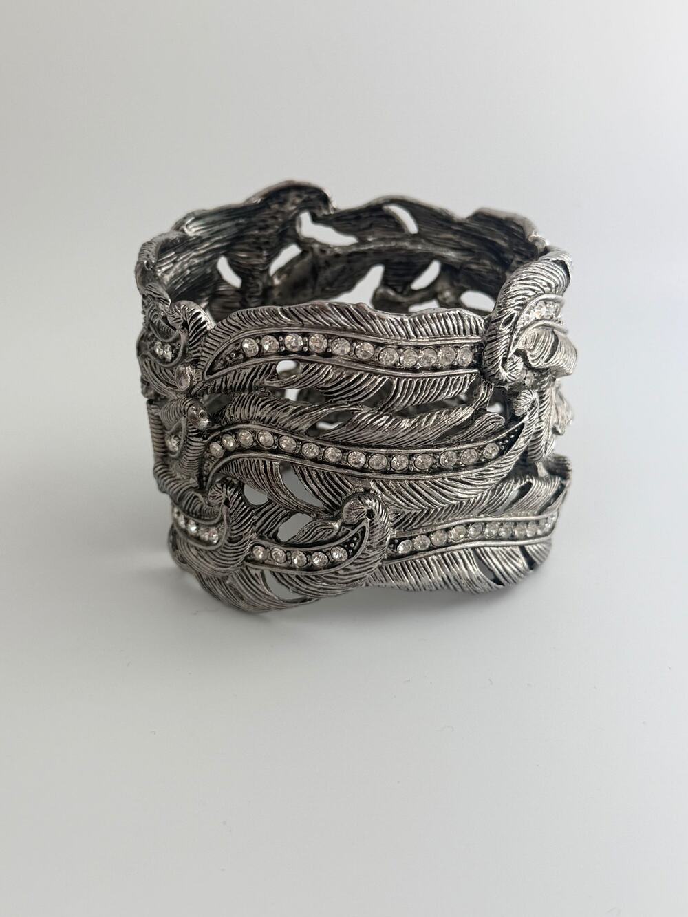 Vintage chunky bracelet silver-tone feather cuff filigree with pavé crystals